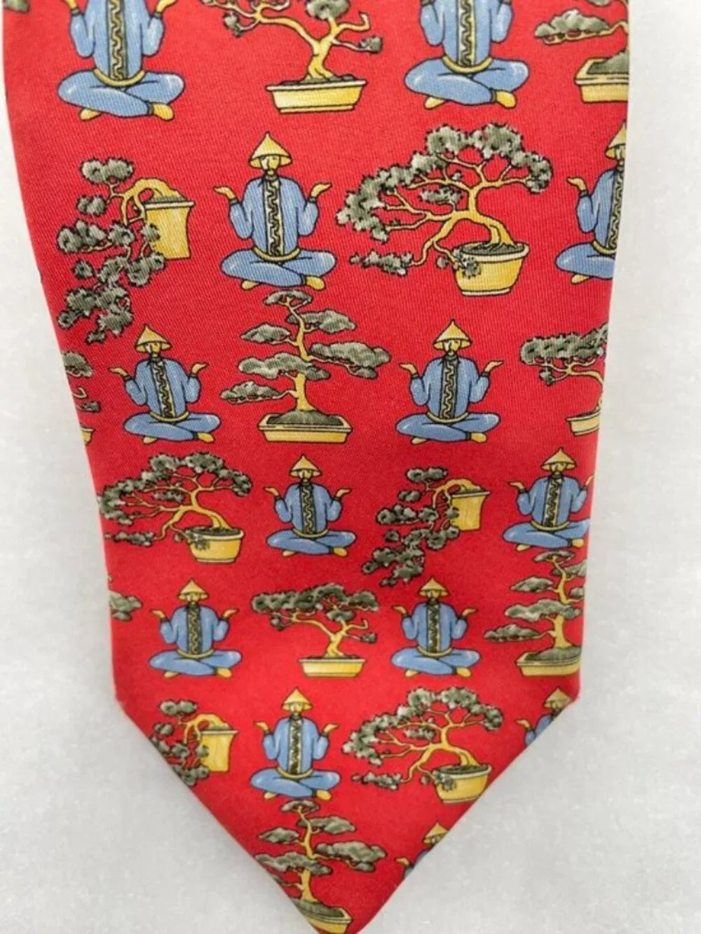 Alain Figaret Paris Silk Tie Red Meditating Yoga Monk Bonsai Tree France Made